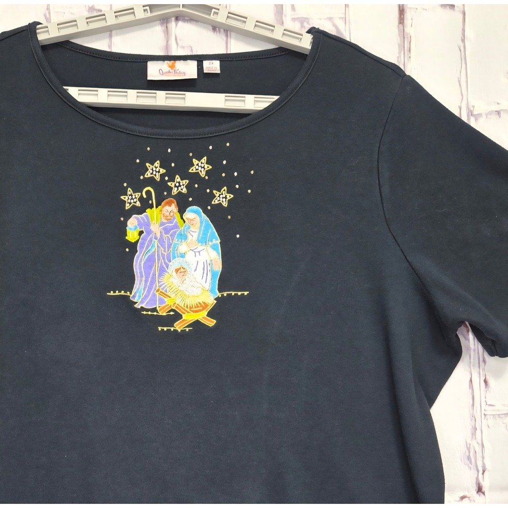 Quacker Factory Womens 2X Black Nativity Scene Rhinestone Star Christmas T-Shirt